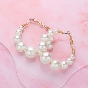 Cream Pearl 1.8" Gold Round Hoop Earrings Womens
